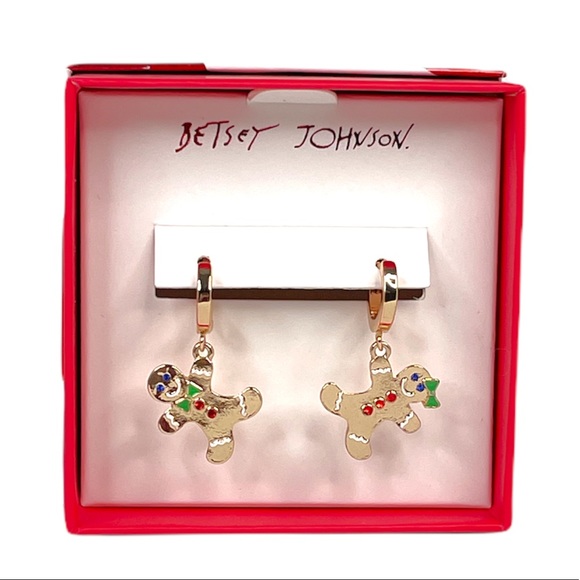 Betsey Johnson Feliz Navidad Gingerbread Drop Earrings, Gold Tone - Picture 3 of 5
